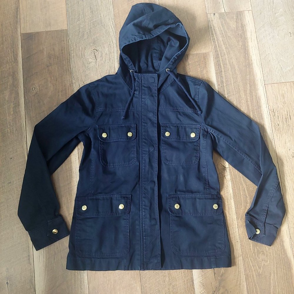 J. Crew Navy Resin-Coated Twill Jacket with Hood